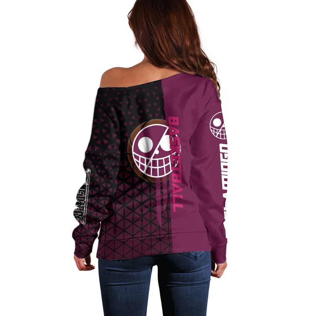 Donquixote Doflamingo One Piece Basketball Theme Maroon and Black Design Off Shoulder Sweater with Smiling Emblem and Aggressive Pose - The Mazicc