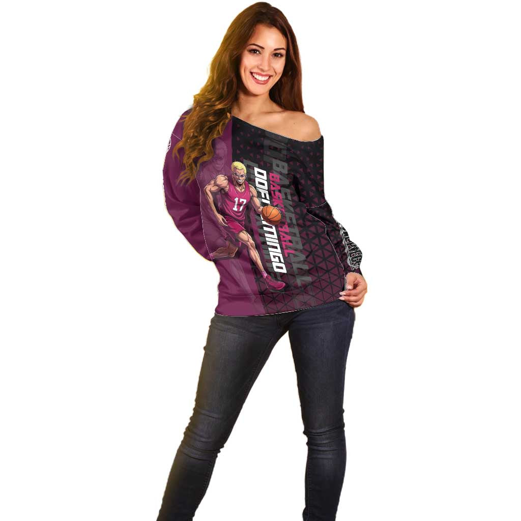Donquixote Doflamingo One Piece Basketball Theme Maroon and Black Design Off Shoulder Sweater with Smiling Emblem and Aggressive Pose - The Mazicc