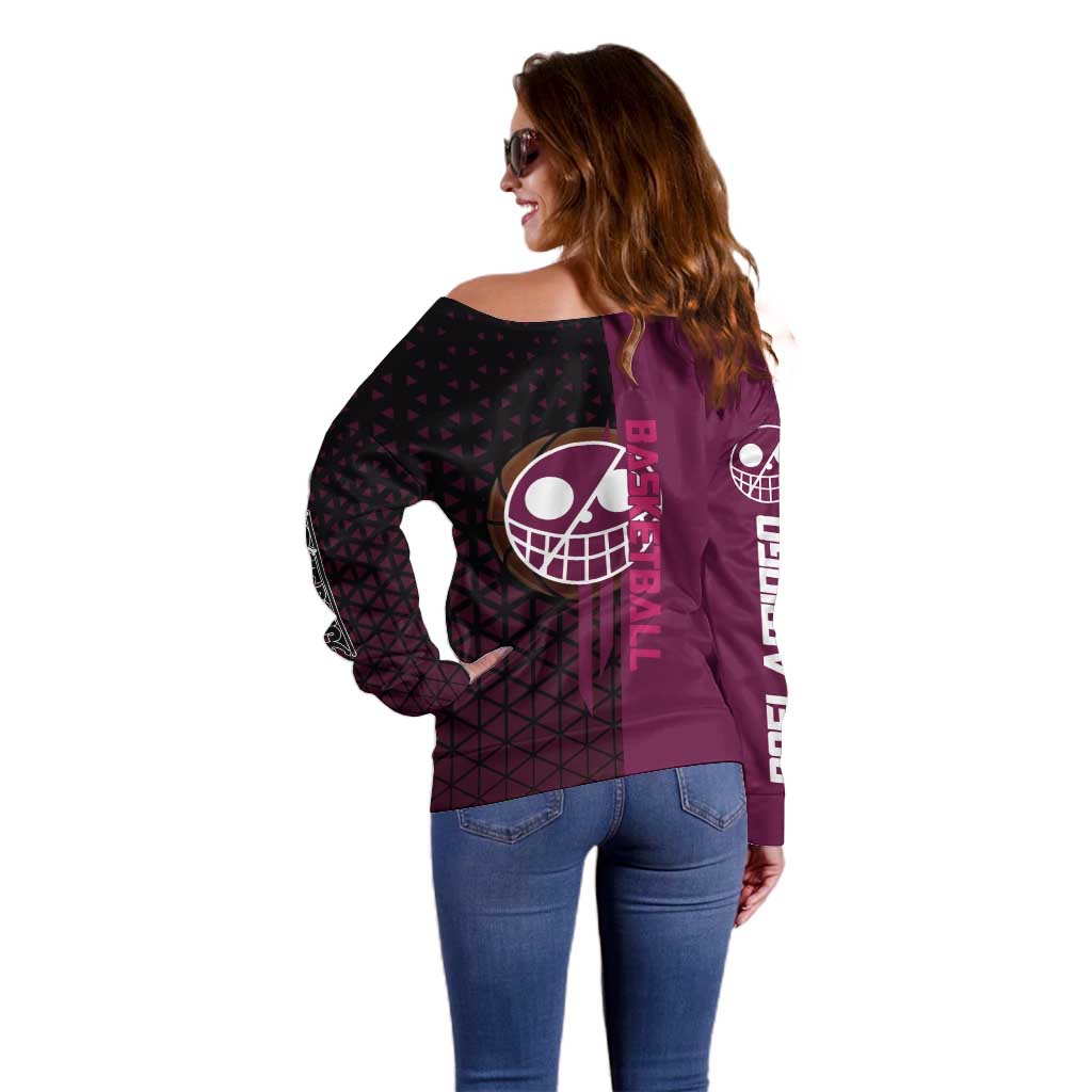 Donquixote Doflamingo One Piece Basketball Theme Maroon and Black Design Off Shoulder Sweater with Smiling Emblem and Aggressive Pose - The Mazicc