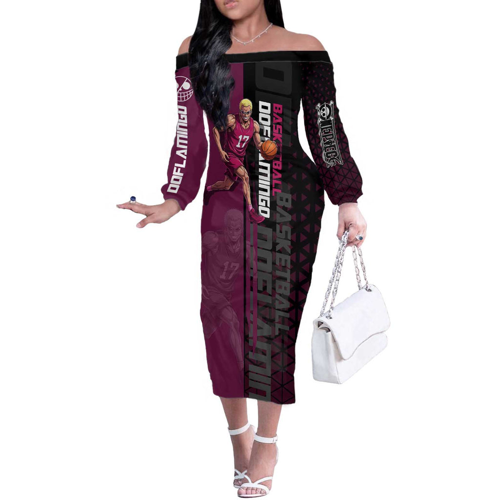 Donquixote Doflamingo One Piece Basketball Theme Maroon and Black Design Off The Shoulder Long Sleeve Dress with Smiling Emblem and Aggressive Pose - The Mazicc