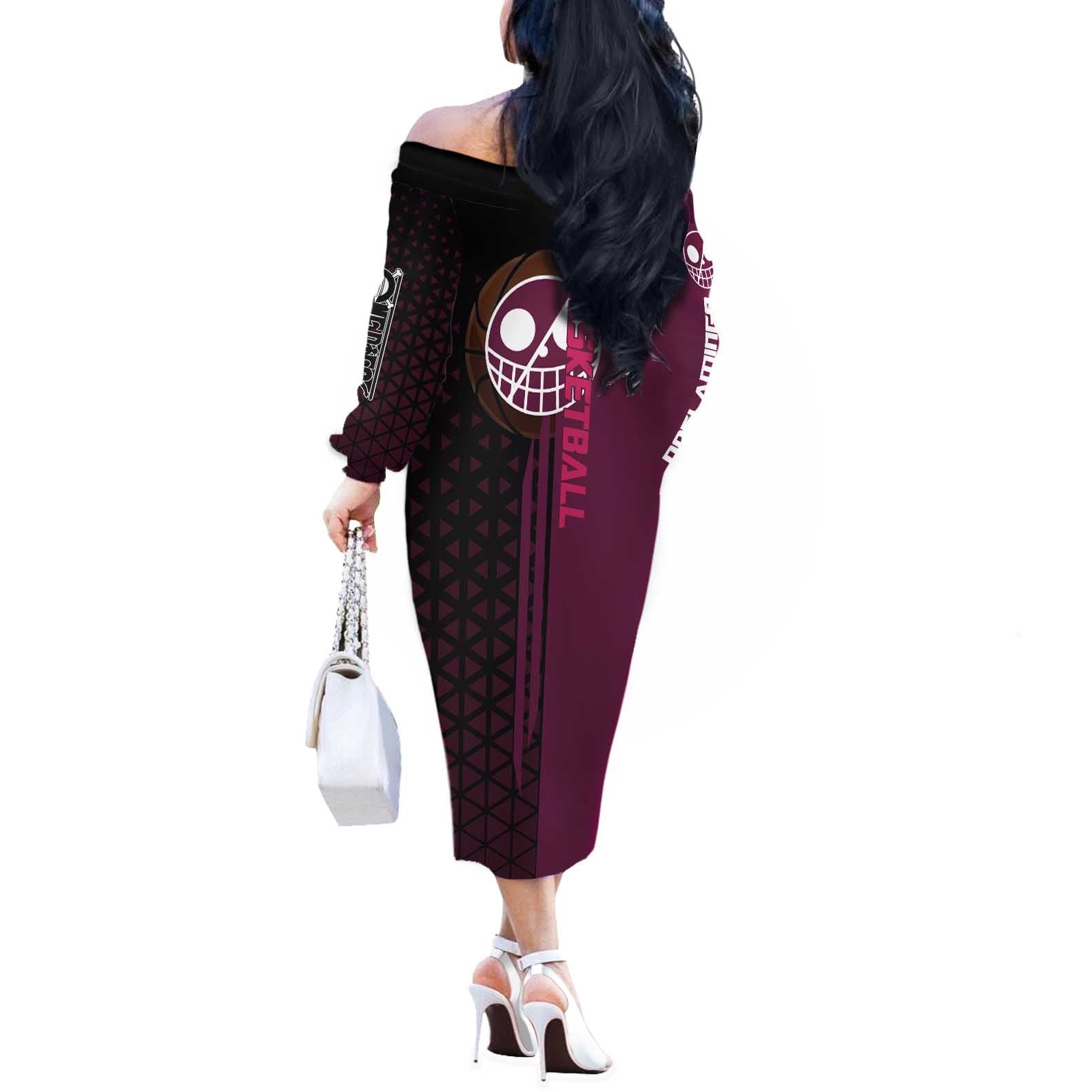 Donquixote Doflamingo One Piece Basketball Theme Maroon and Black Design Off The Shoulder Long Sleeve Dress with Smiling Emblem and Aggressive Pose - The Mazicc