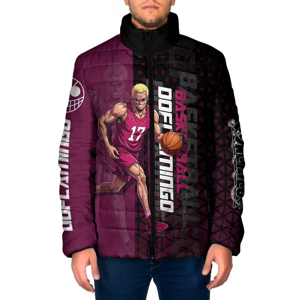 Donquixote Doflamingo One Piece Basketball Theme Maroon and Black Design Padded Jacket with Smiling Emblem and Aggressive Pose - The Mazicc