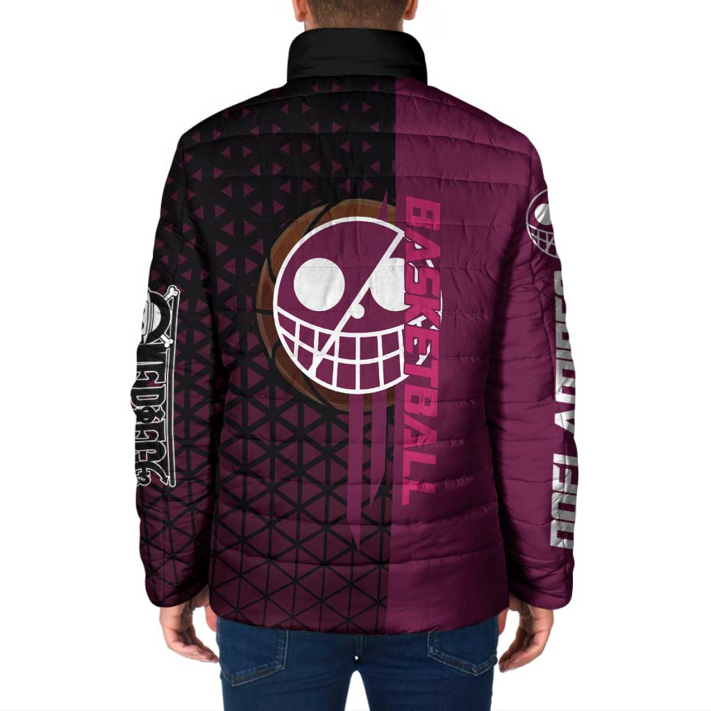 Donquixote Doflamingo One Piece Basketball Theme Maroon and Black Design Padded Jacket with Smiling Emblem and Aggressive Pose - The Mazicc