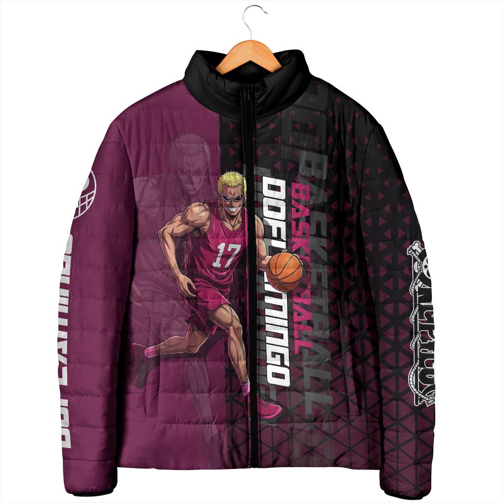 Donquixote Doflamingo One Piece Basketball Theme Maroon and Black Design Padded Jacket with Smiling Emblem and Aggressive Pose - The Mazicc