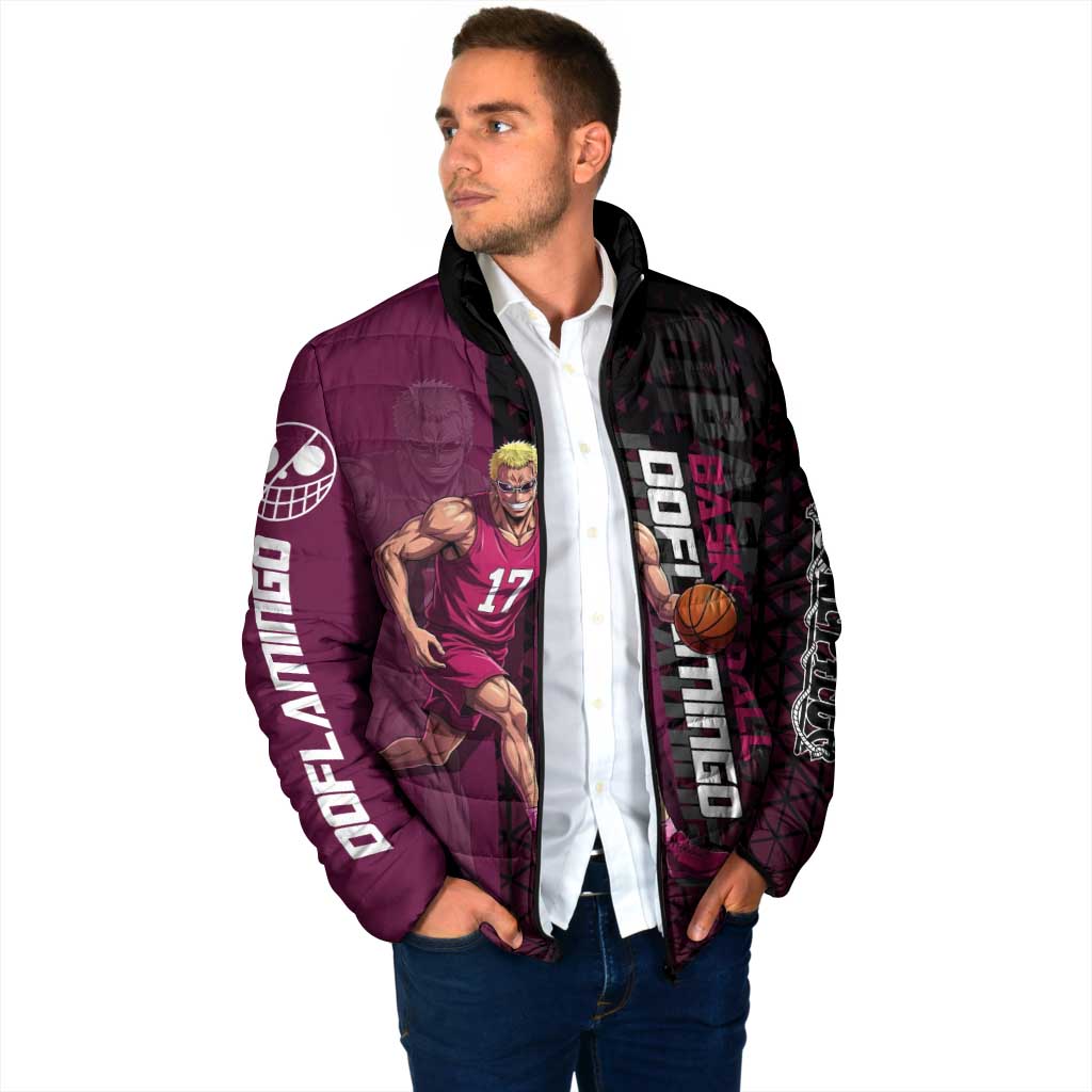 Donquixote Doflamingo One Piece Basketball Theme Maroon and Black Design Padded Jacket with Smiling Emblem and Aggressive Pose - The Mazicc