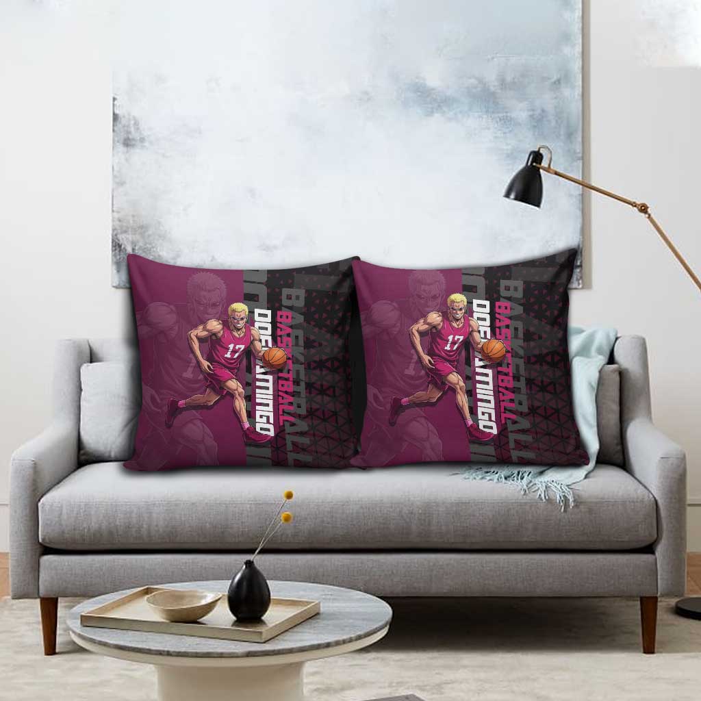 Donquixote Doflamingo One Piece Basketball Theme Maroon and Black Design Pillow Cover with Smiling Emblem and Aggressive Pose - The Mazicc