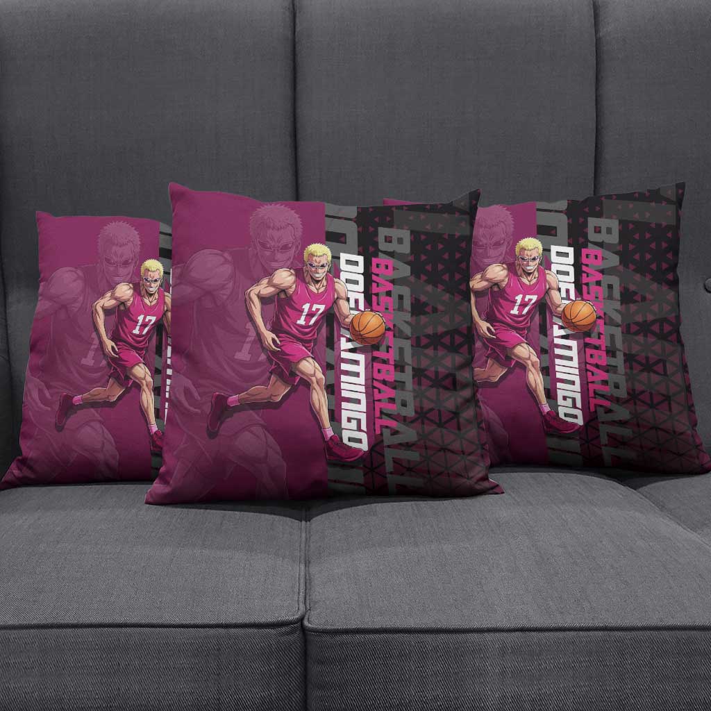 Donquixote Doflamingo One Piece Basketball Theme Maroon and Black Design Pillow Cover with Smiling Emblem and Aggressive Pose - The Mazicc