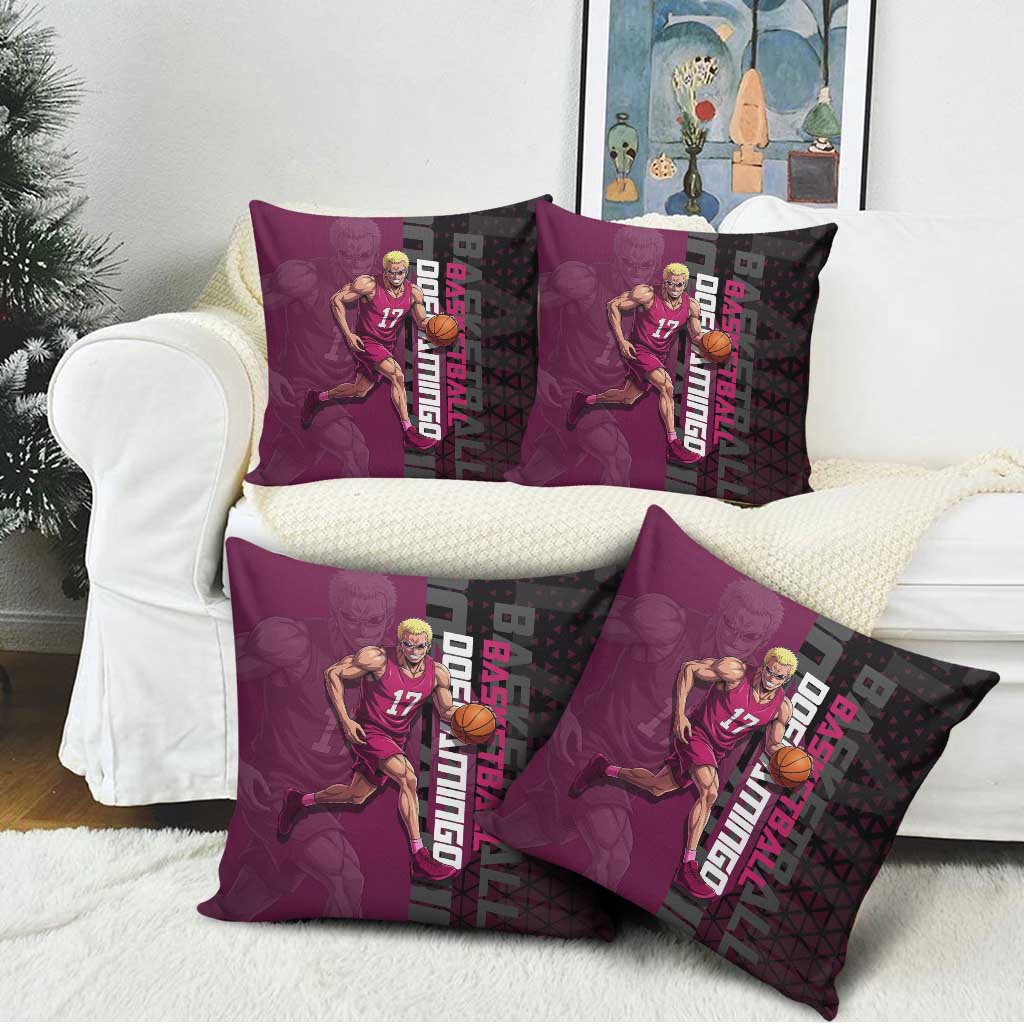 Donquixote Doflamingo One Piece Basketball Theme Maroon and Black Design Pillow Cover with Smiling Emblem and Aggressive Pose - The Mazicc