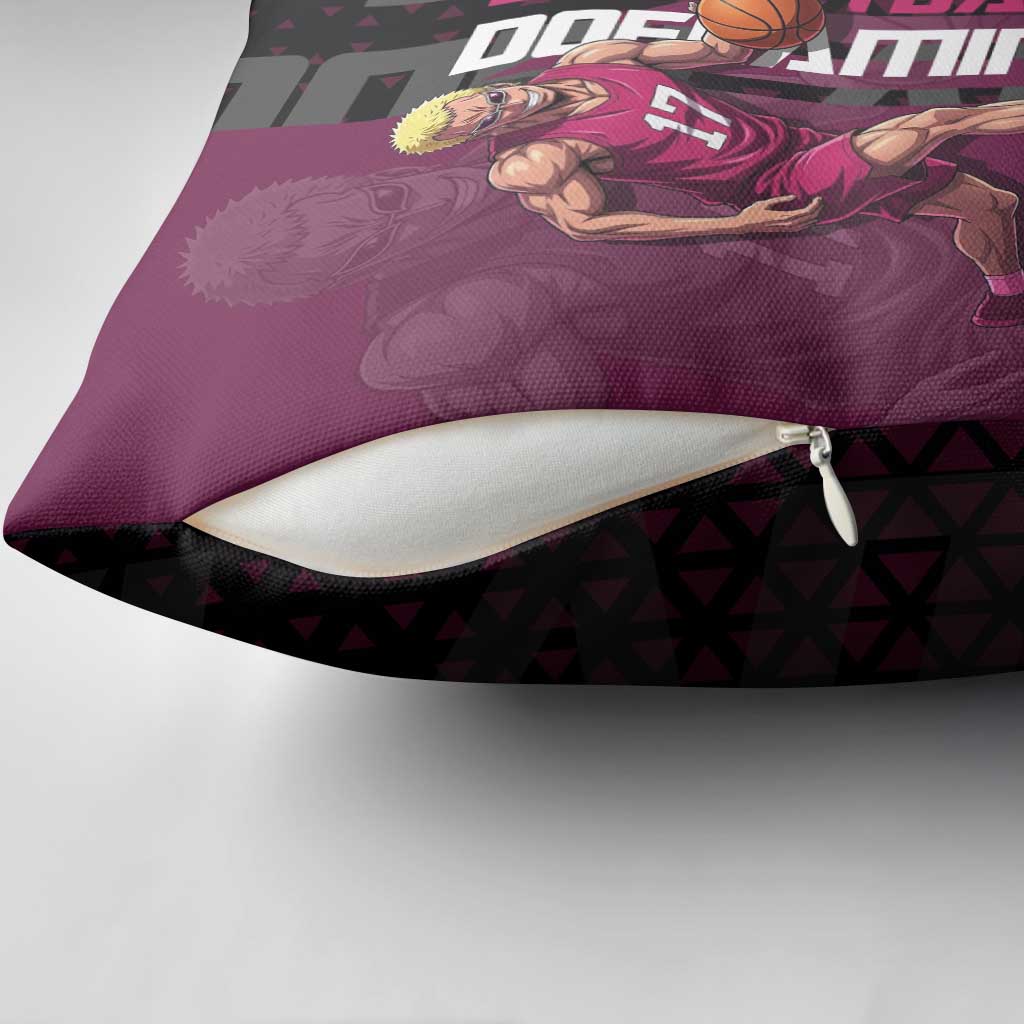 Donquixote Doflamingo One Piece Basketball Theme Maroon and Black Design Pillow Cover with Smiling Emblem and Aggressive Pose - The Mazicc