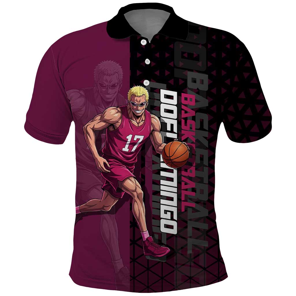 Donquixote Doflamingo One Piece Basketball Theme Maroon and Black Design Polo Shirt with Smiling Emblem and Aggressive Pose - The Mazicc