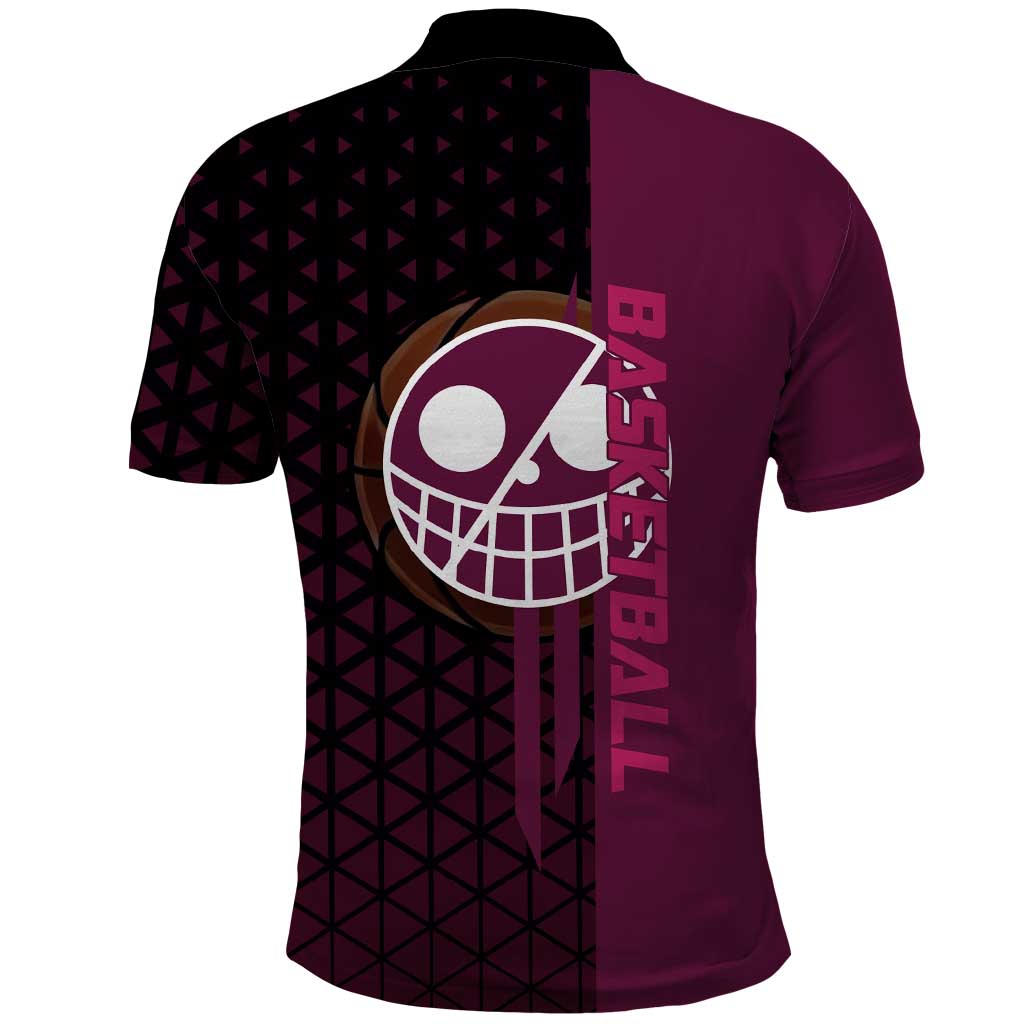 Donquixote Doflamingo One Piece Basketball Theme Maroon and Black Design Polo Shirt with Smiling Emblem and Aggressive Pose - The Mazicc