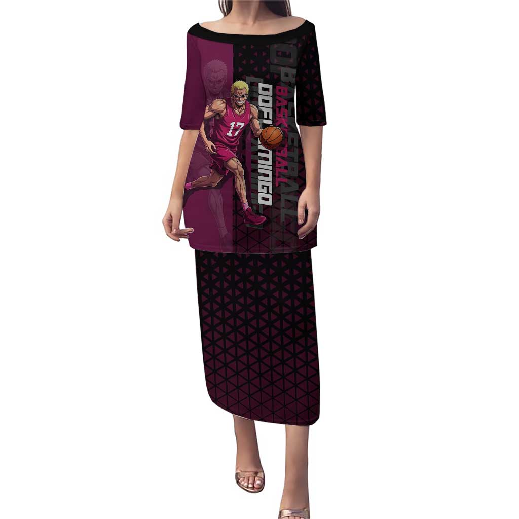 Donquixote Doflamingo One Piece Basketball Theme Maroon and Black Design Puletasi with Smiling Emblem and Aggressive Pose - The Mazicc