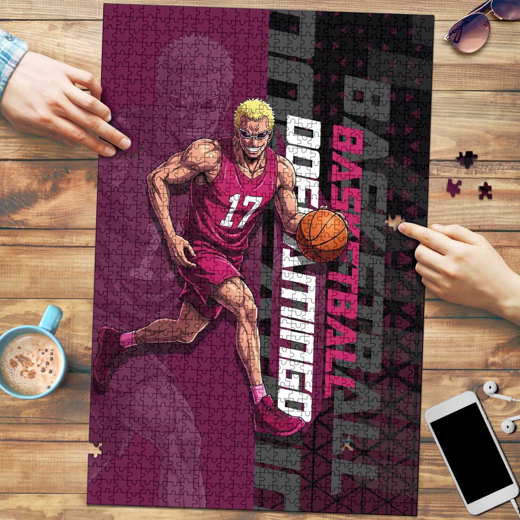 Donquixote Doflamingo One Piece Basketball Theme Maroon and Black Design Puzzle with Smiling Emblem and Aggressive Pose - The Mazicc
