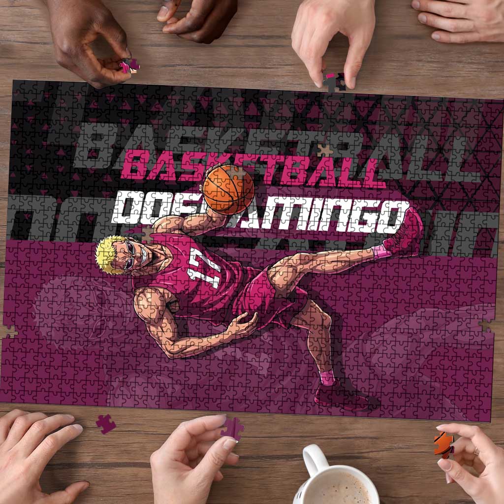 Donquixote Doflamingo One Piece Basketball Theme Maroon and Black Design Puzzle with Smiling Emblem and Aggressive Pose - The Mazicc