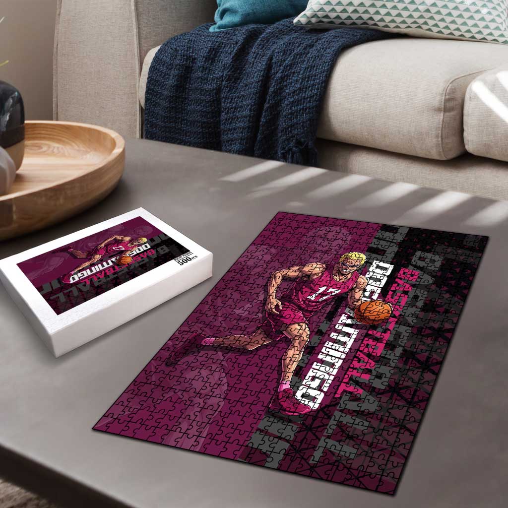 Donquixote Doflamingo One Piece Basketball Theme Maroon and Black Design Puzzle with Smiling Emblem and Aggressive Pose - The Mazicc