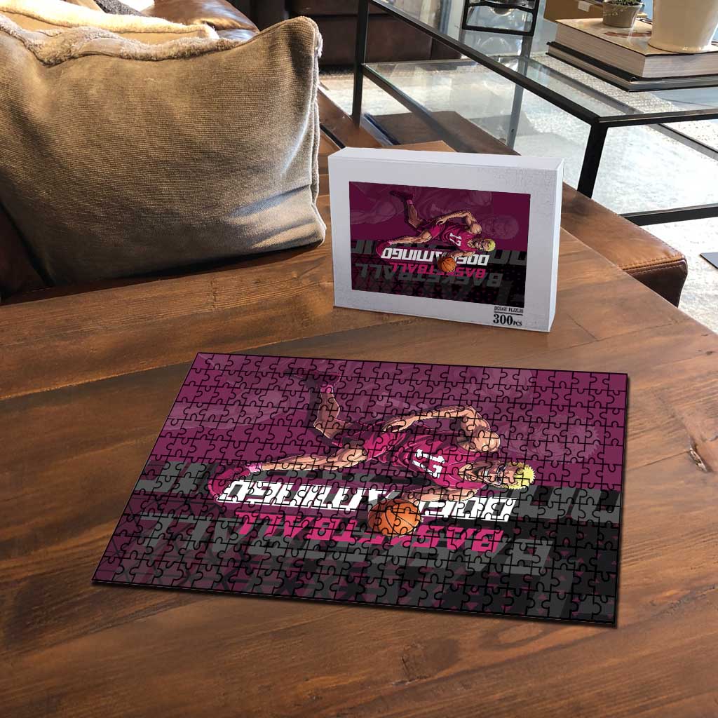 Donquixote Doflamingo One Piece Basketball Theme Maroon and Black Design Puzzle with Smiling Emblem and Aggressive Pose - The Mazicc