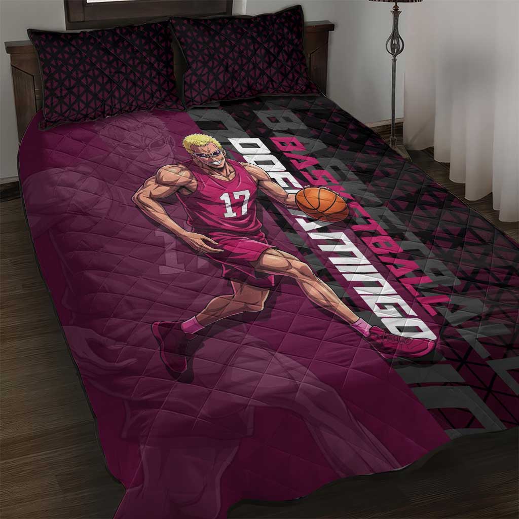 Donquixote Doflamingo One Piece Basketball Theme Maroon and Black Design Quilt Bed Set with Smiling Emblem and Aggressive Pose - The Mazicc