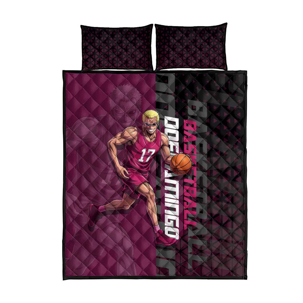 Donquixote Doflamingo One Piece Basketball Theme Maroon and Black Design Quilt Bed Set with Smiling Emblem and Aggressive Pose - The Mazicc