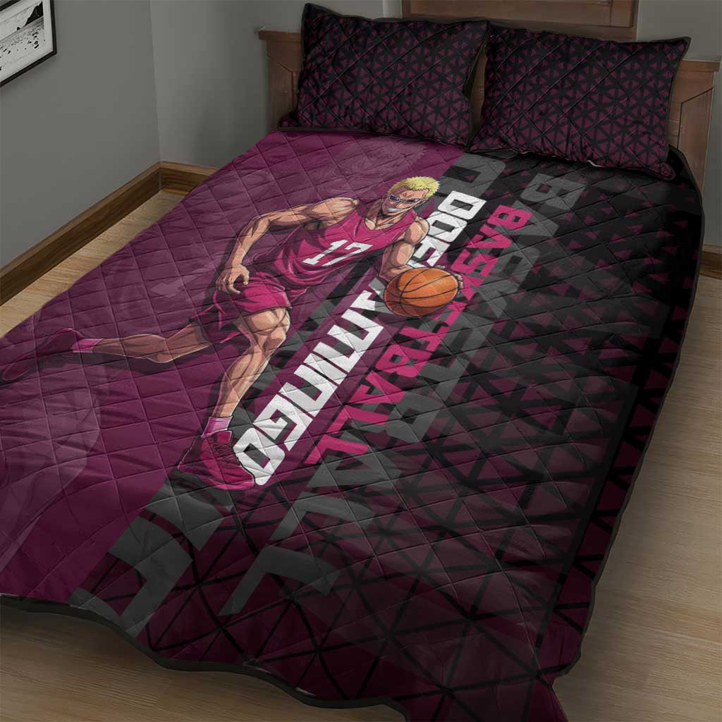 Donquixote Doflamingo One Piece Basketball Theme Maroon and Black Design Quilt Bed Set with Smiling Emblem and Aggressive Pose - The Mazicc