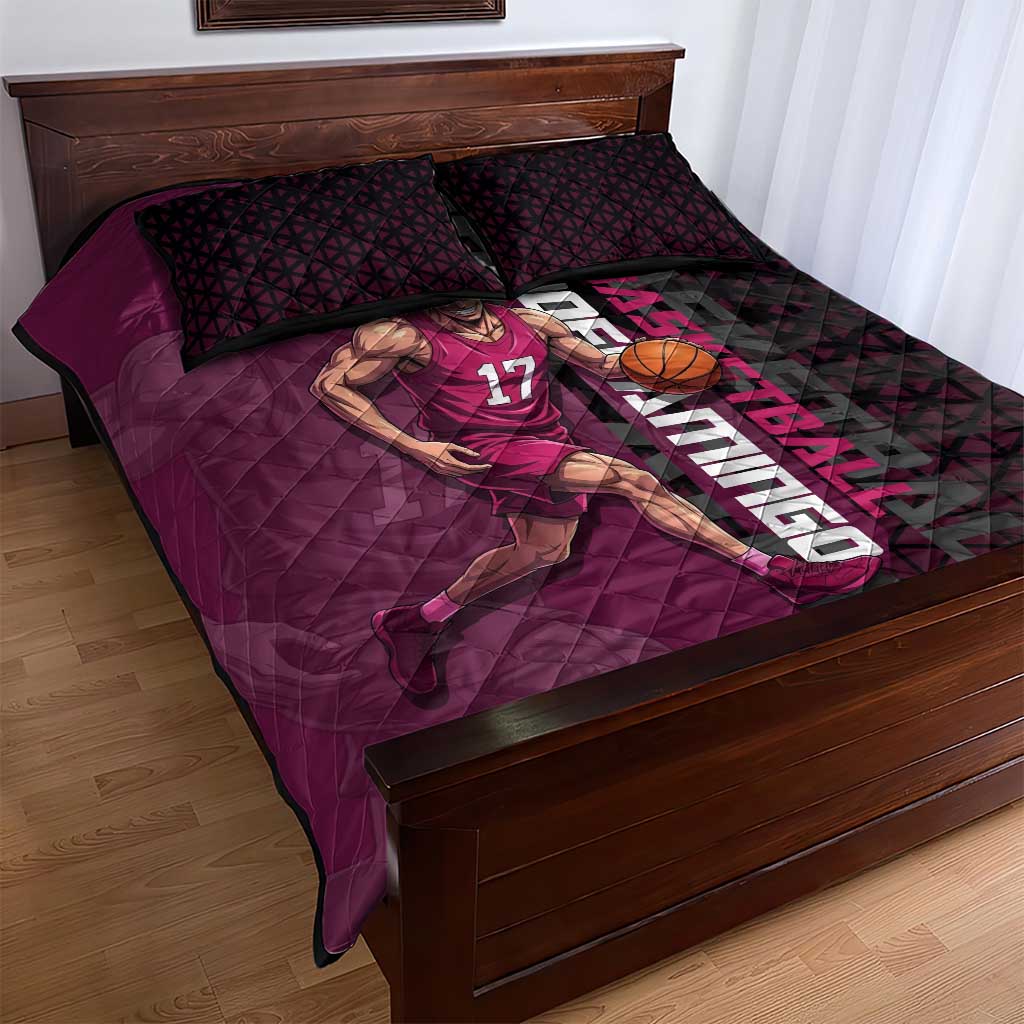 Donquixote Doflamingo One Piece Basketball Theme Maroon and Black Design Quilt Bed Set with Smiling Emblem and Aggressive Pose - The Mazicc