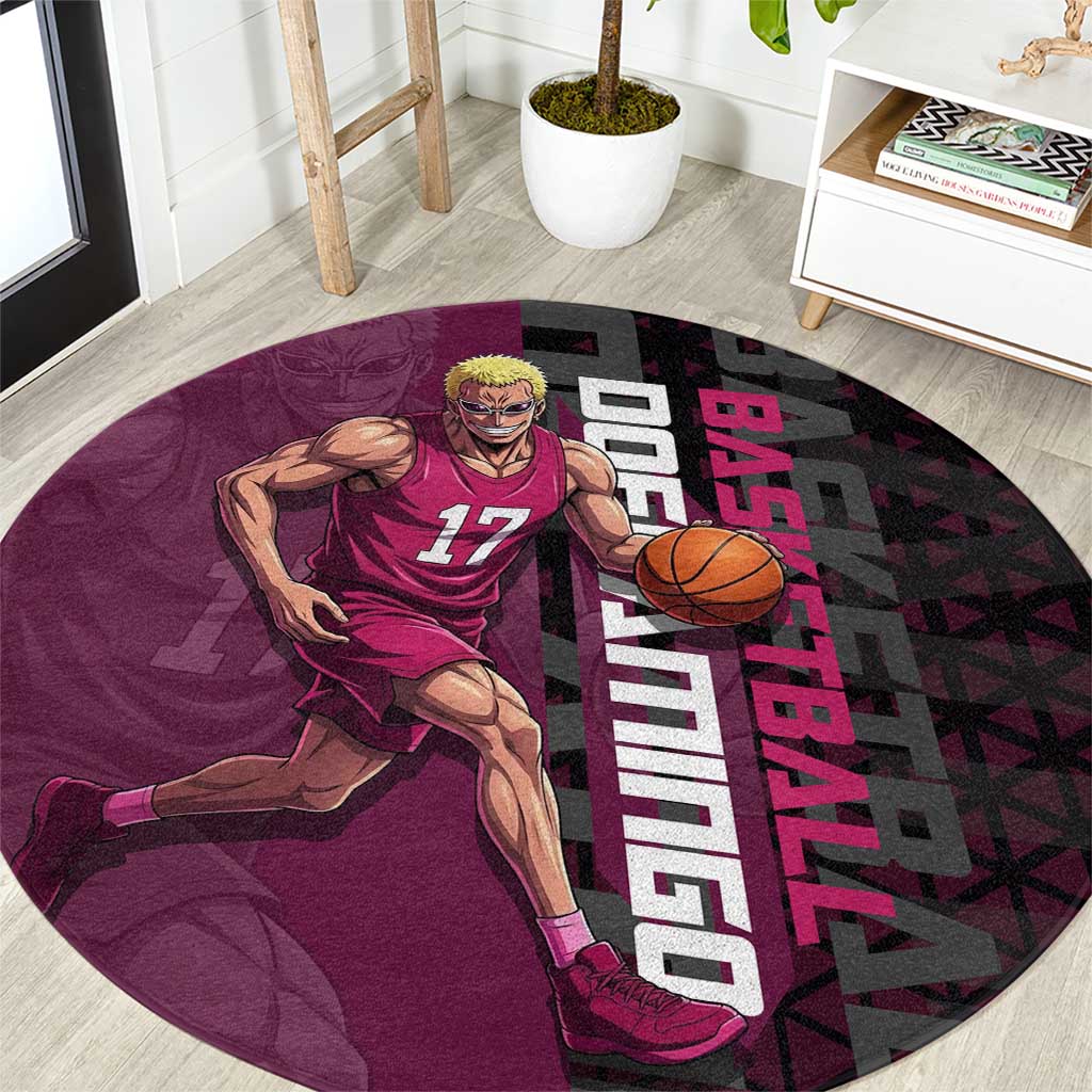 Donquixote Doflamingo One Piece Basketball Theme Maroon and Black Design Round Carpet with Smiling Emblem and Aggressive Pose - The Mazicc