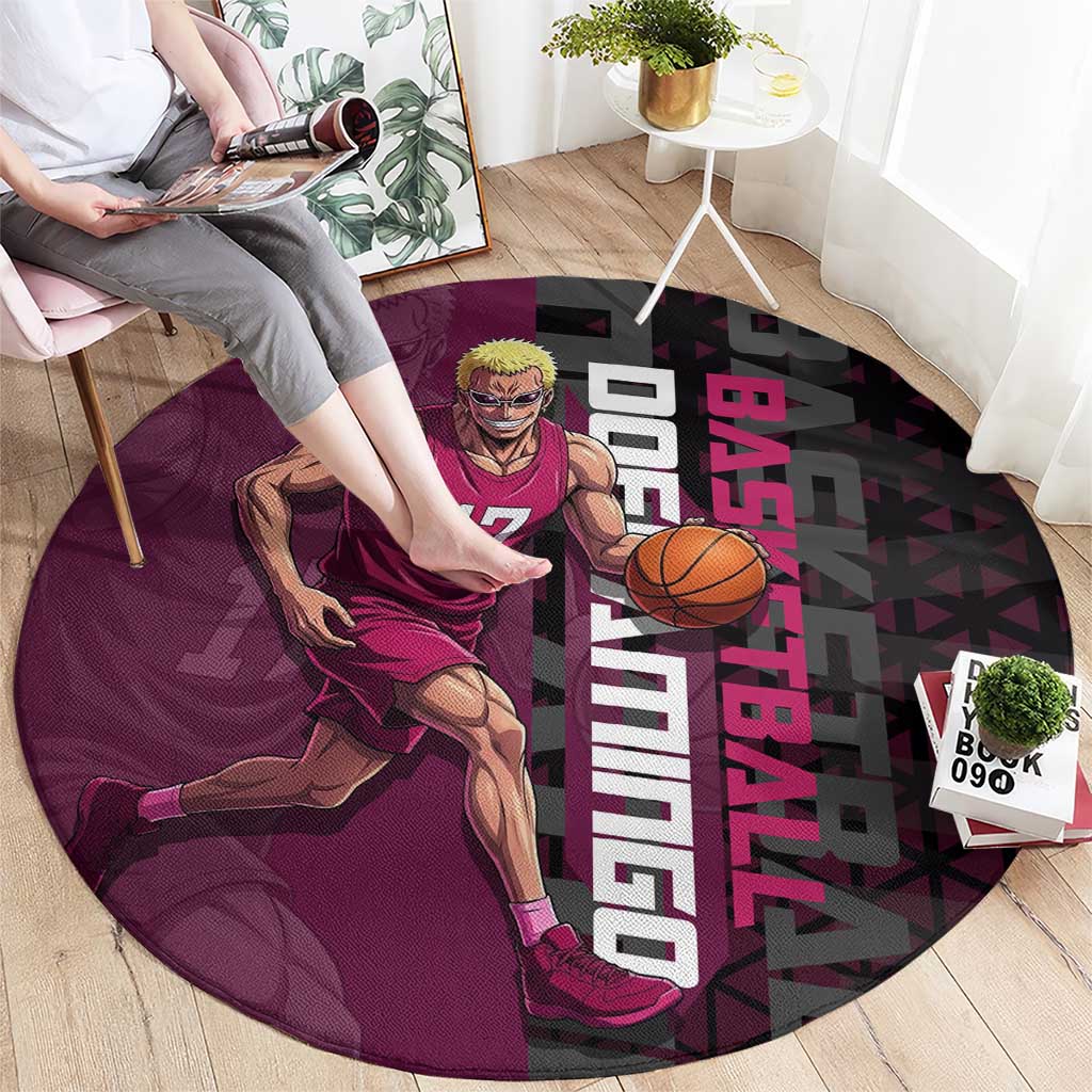 Donquixote Doflamingo One Piece Basketball Theme Maroon and Black Design Round Carpet with Smiling Emblem and Aggressive Pose - The Mazicc