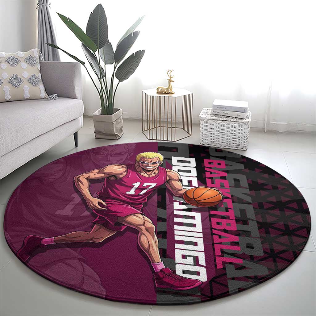 Donquixote Doflamingo One Piece Basketball Theme Maroon and Black Design Round Carpet with Smiling Emblem and Aggressive Pose - The Mazicc