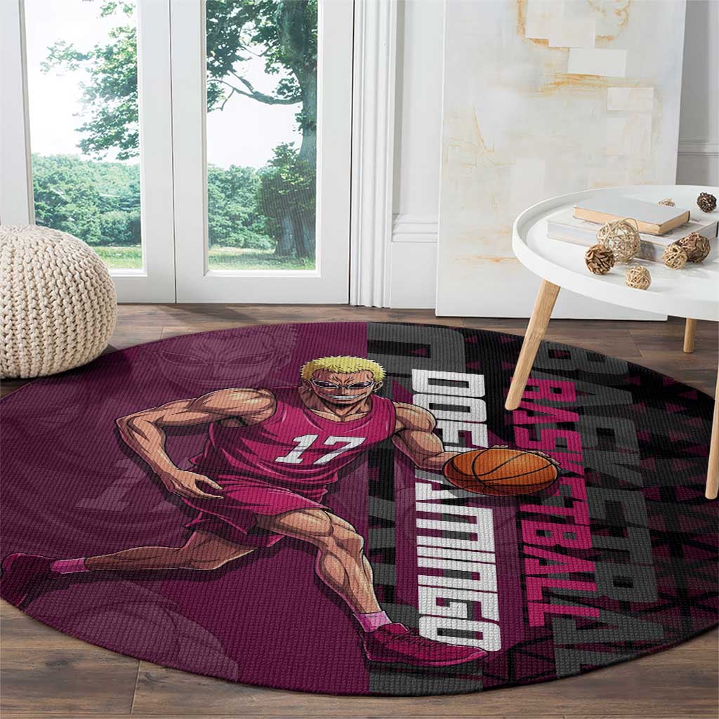 Donquixote Doflamingo One Piece Basketball Theme Maroon and Black Design Round Carpet with Smiling Emblem and Aggressive Pose - The Mazicc