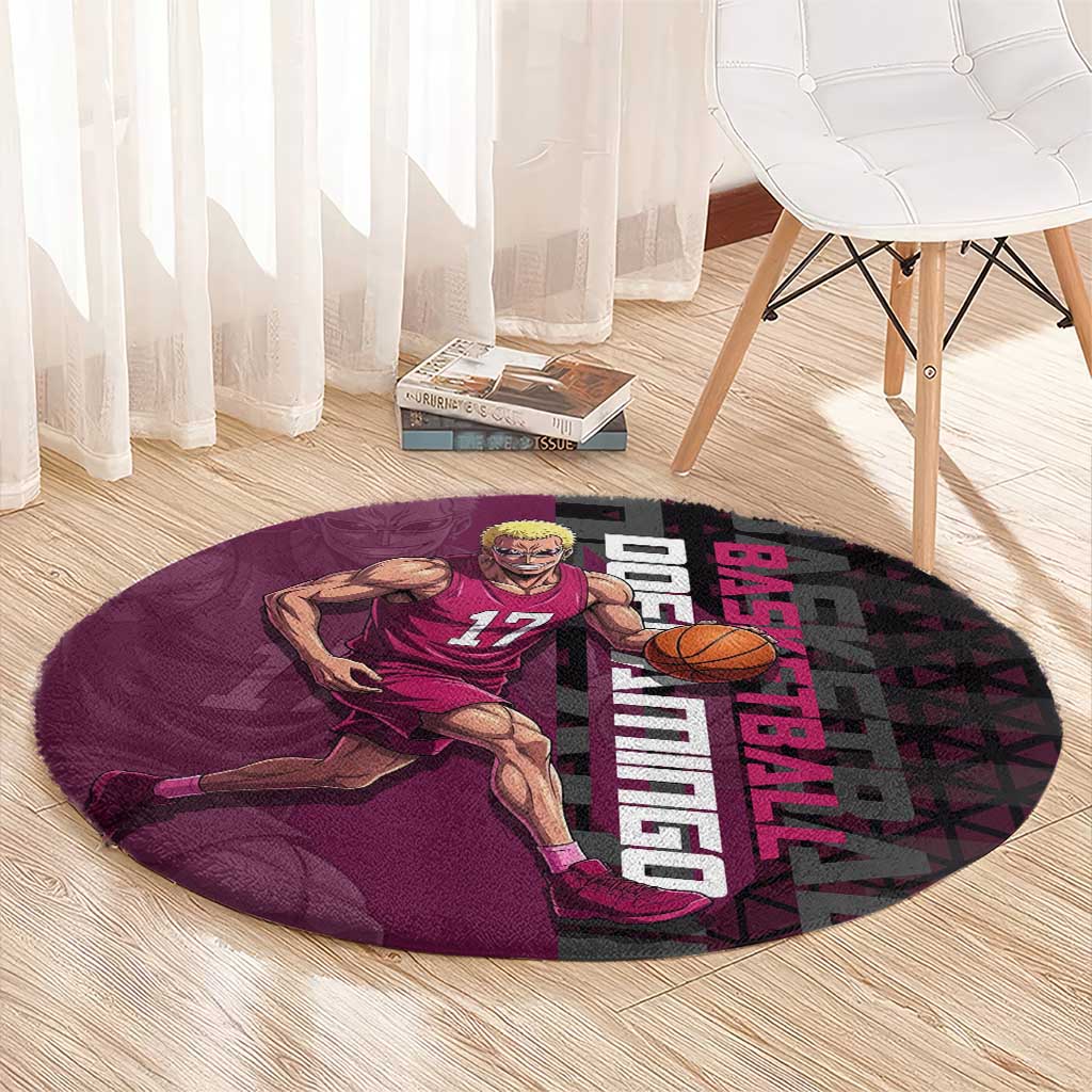 Donquixote Doflamingo One Piece Basketball Theme Maroon and Black Design Round Carpet with Smiling Emblem and Aggressive Pose - The Mazicc
