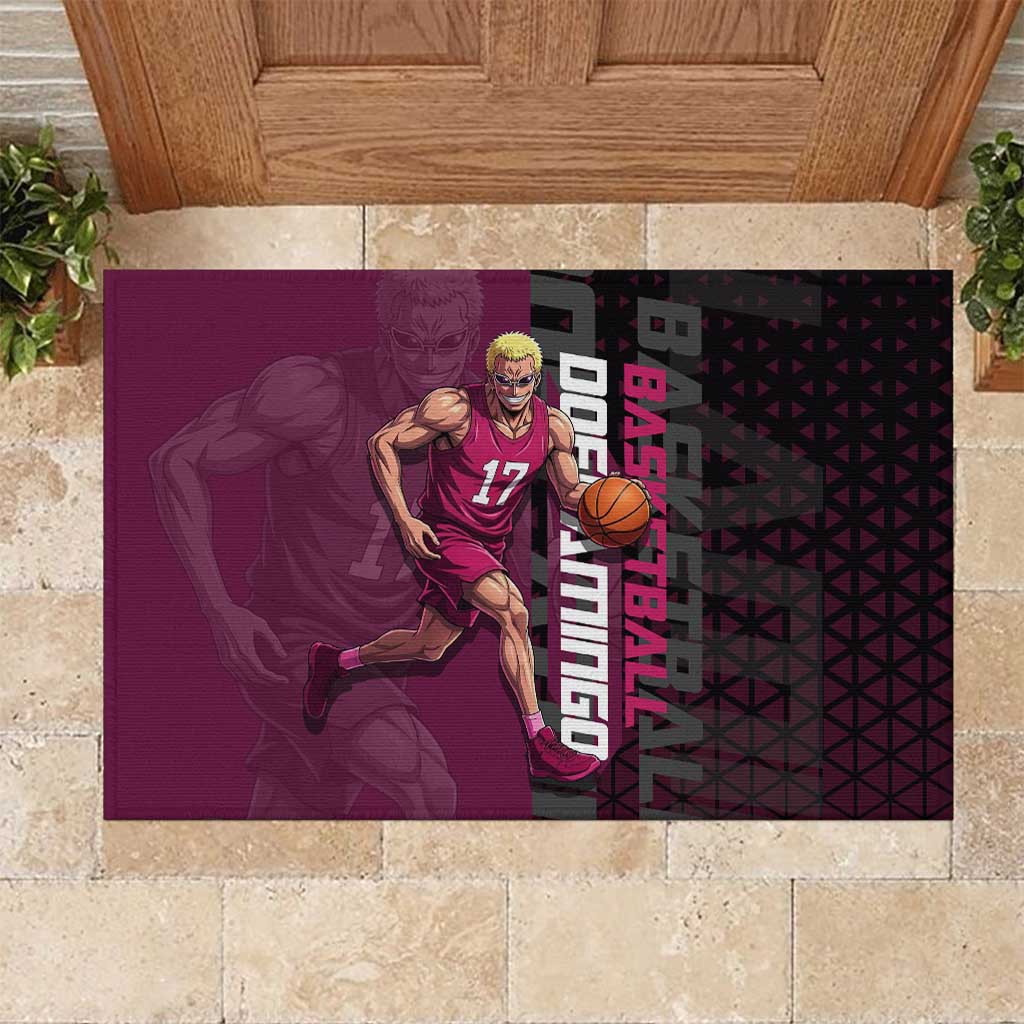 Donquixote Doflamingo One Piece Basketball Theme Maroon and Black Design Rubber Doormat with Smiling Emblem and Aggressive Pose - The Mazicc