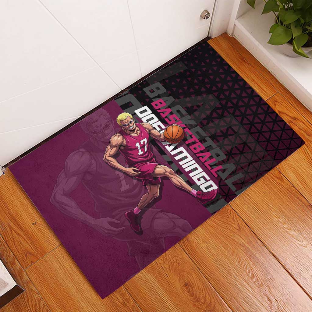 Donquixote Doflamingo One Piece Basketball Theme Maroon and Black Design Rubber Doormat with Smiling Emblem and Aggressive Pose - The Mazicc