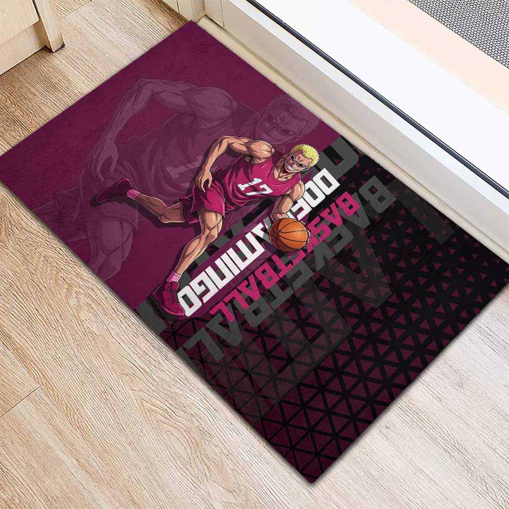 Donquixote Doflamingo One Piece Basketball Theme Maroon and Black Design Rubber Doormat with Smiling Emblem and Aggressive Pose - The Mazicc