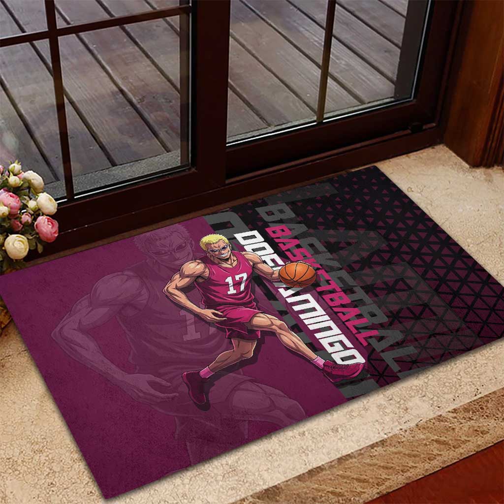 Donquixote Doflamingo One Piece Basketball Theme Maroon and Black Design Rubber Doormat with Smiling Emblem and Aggressive Pose - The Mazicc