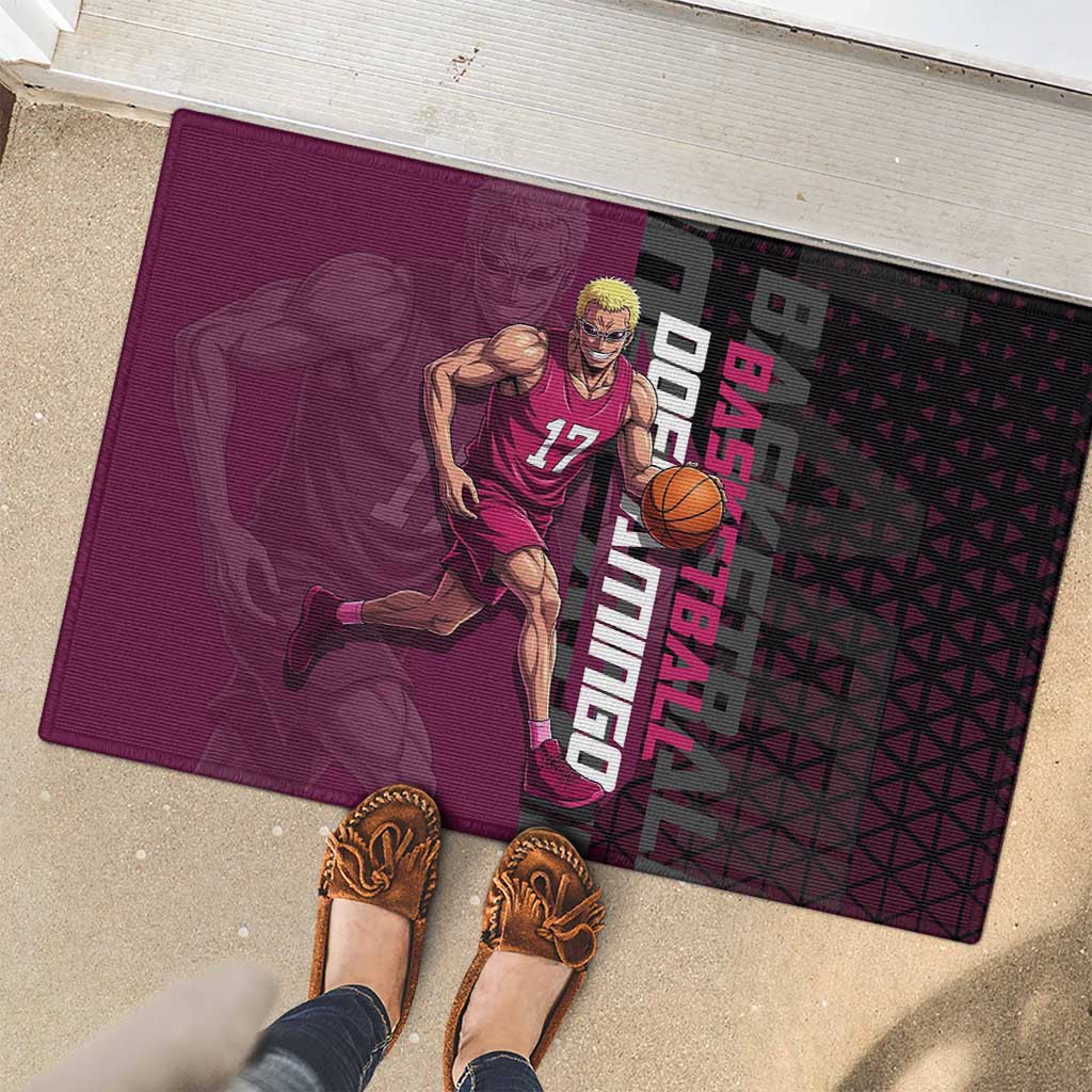 Donquixote Doflamingo One Piece Basketball Theme Maroon and Black Design Rubber Doormat with Smiling Emblem and Aggressive Pose - The Mazicc