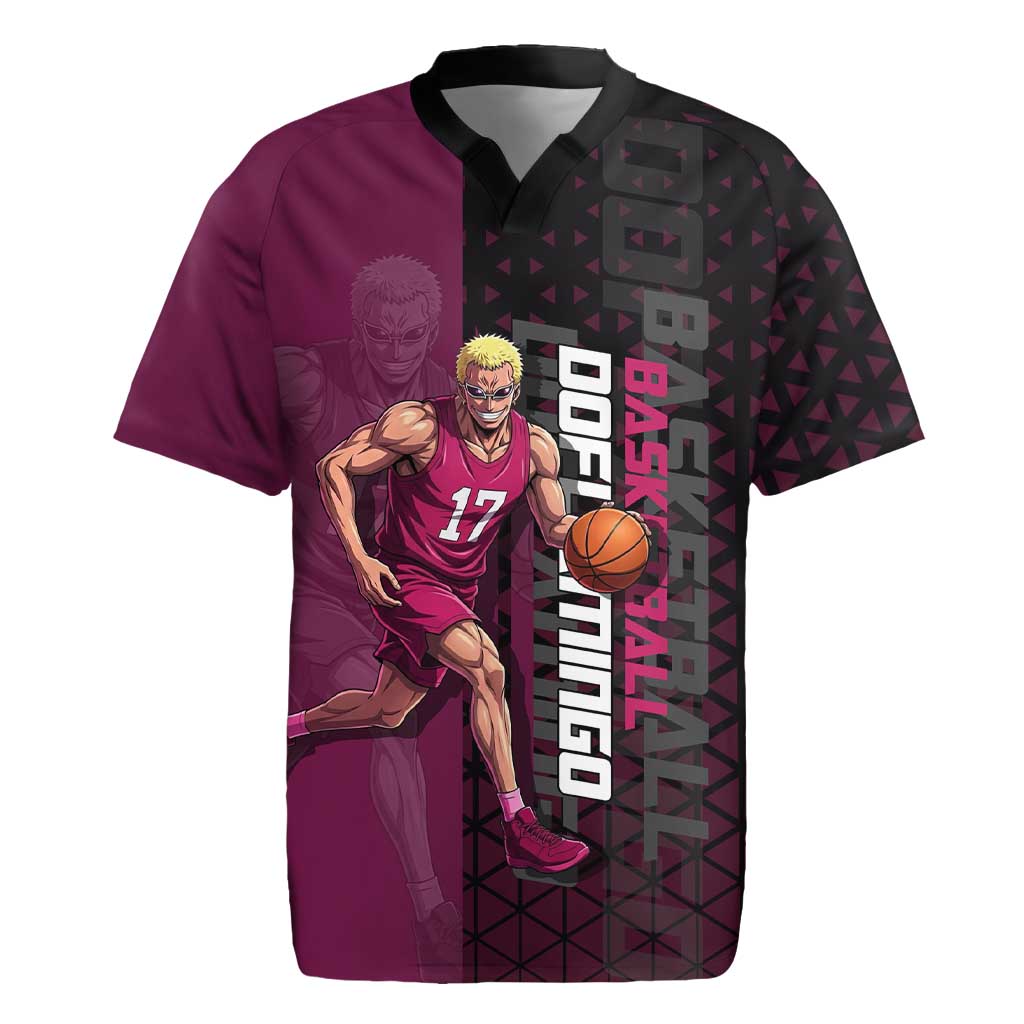 Donquixote Doflamingo One Piece Basketball Theme Maroon and Black Design Rugby Jersey with Smiling Emblem and Aggressive Pose - The Mazicc
