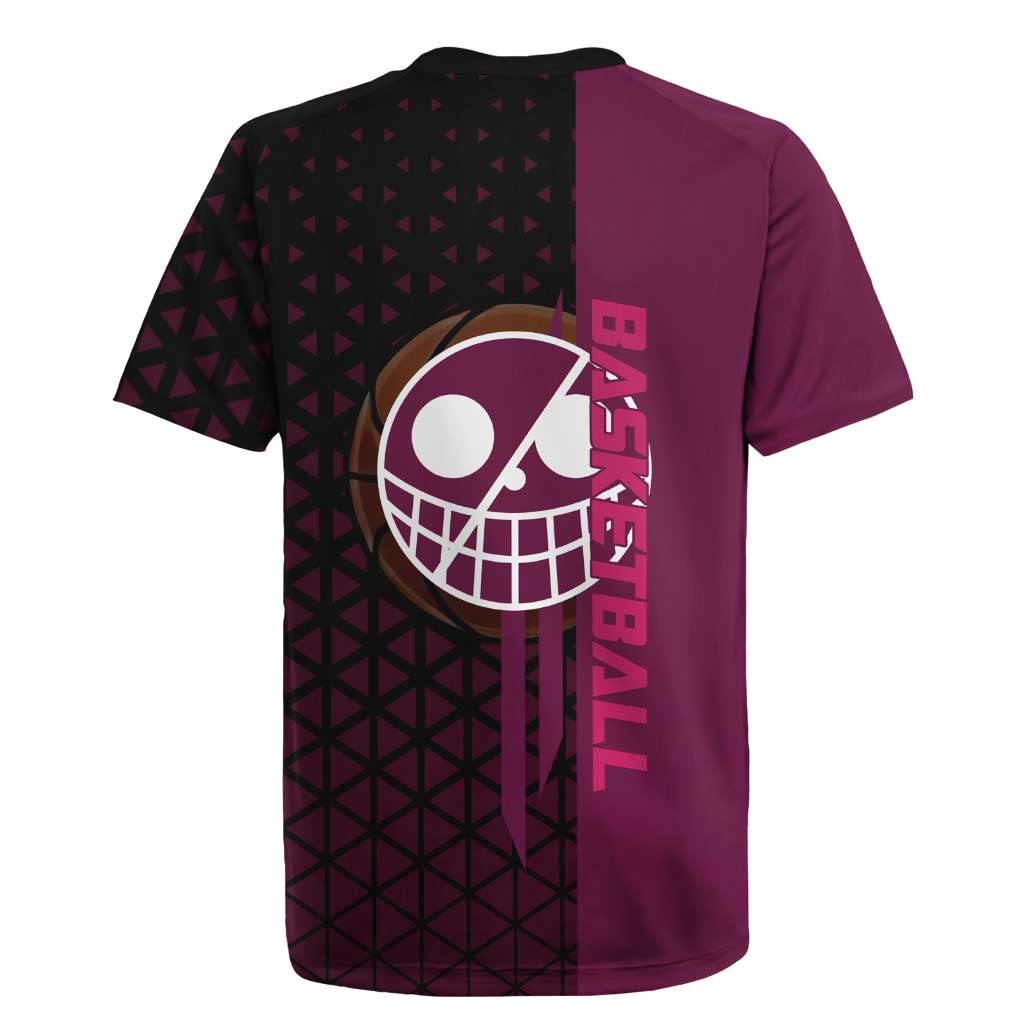 Donquixote Doflamingo One Piece Basketball Theme Maroon and Black Design Rugby Jersey with Smiling Emblem and Aggressive Pose - The Mazicc