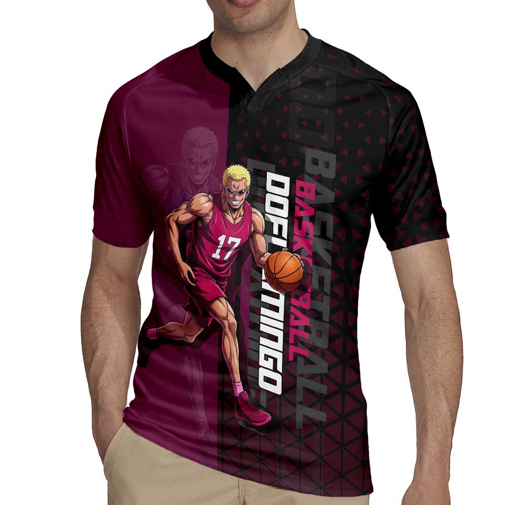 Donquixote Doflamingo One Piece Basketball Theme Maroon and Black Design Rugby Jersey with Smiling Emblem and Aggressive Pose - The Mazicc