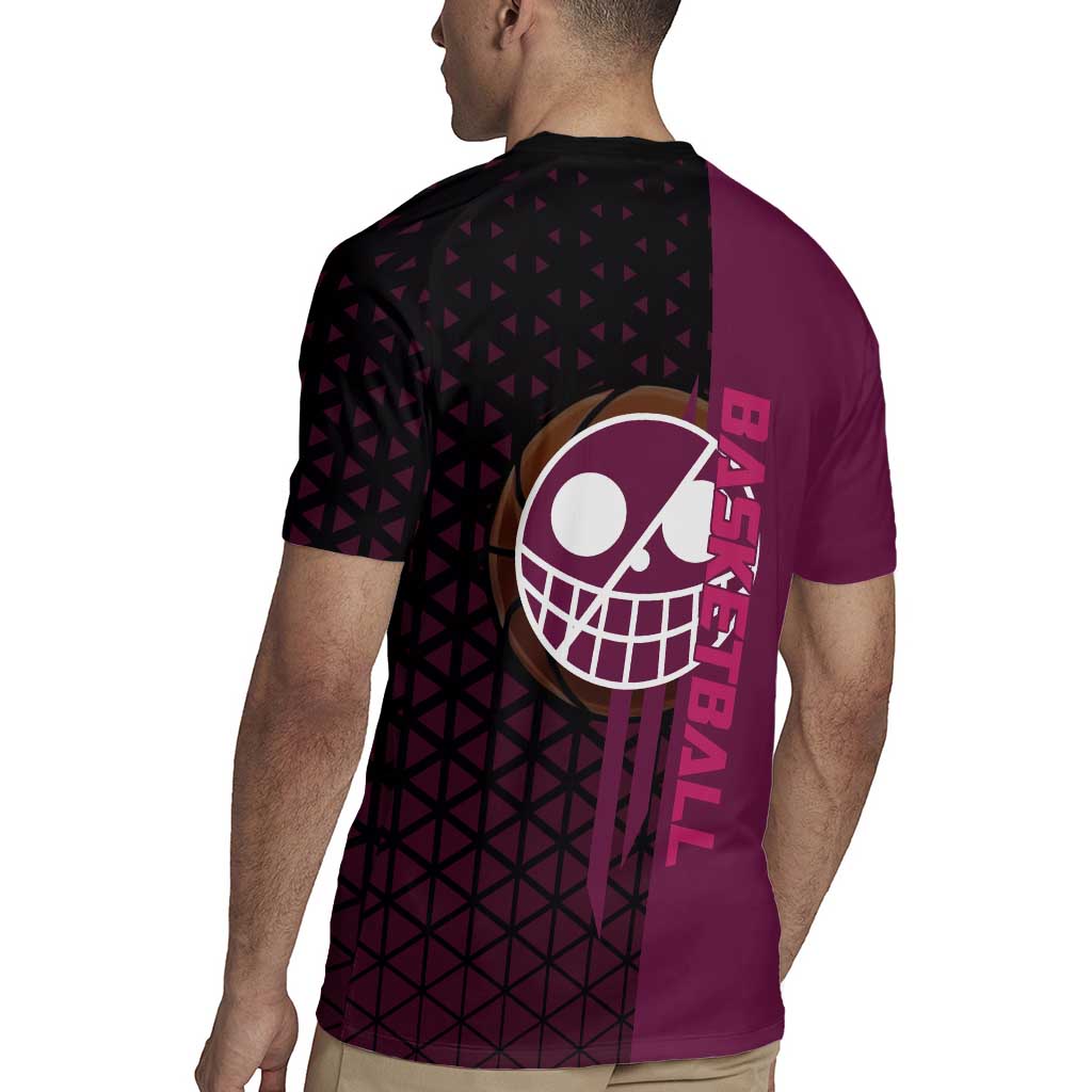 Donquixote Doflamingo One Piece Basketball Theme Maroon and Black Design Rugby Jersey with Smiling Emblem and Aggressive Pose - The Mazicc