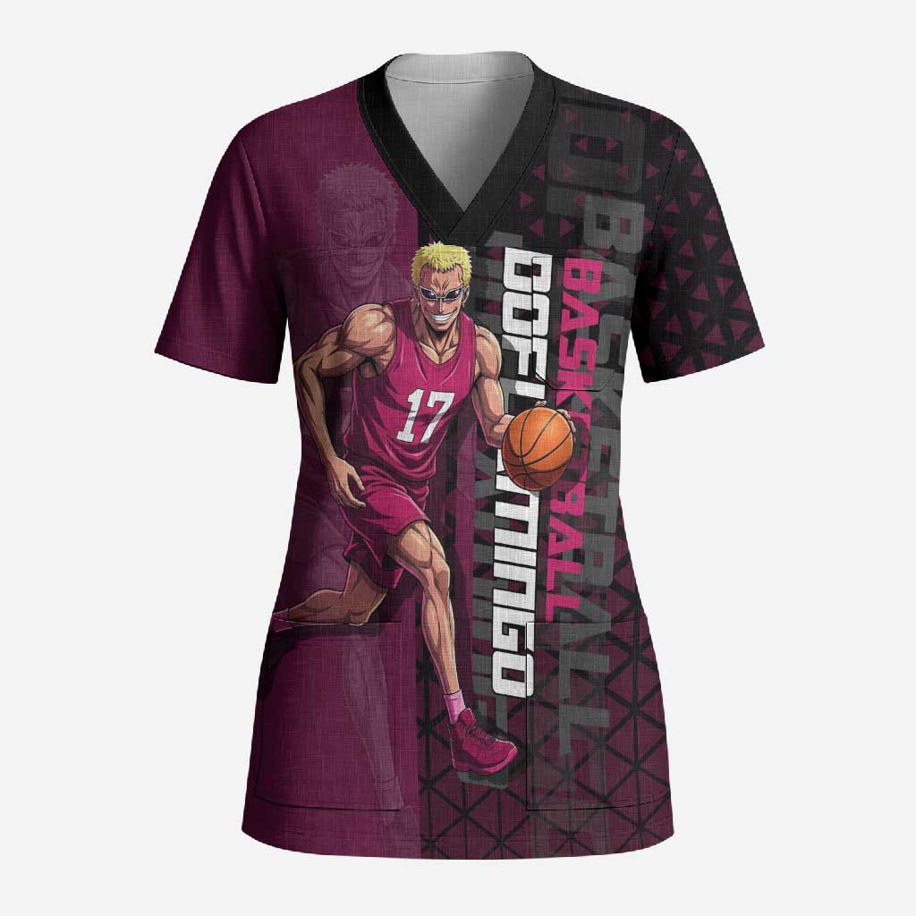 Donquixote Doflamingo One Piece Basketball Theme Maroon and Black Design Scrub Top with Smiling Emblem and Aggressive Pose - The Mazicc