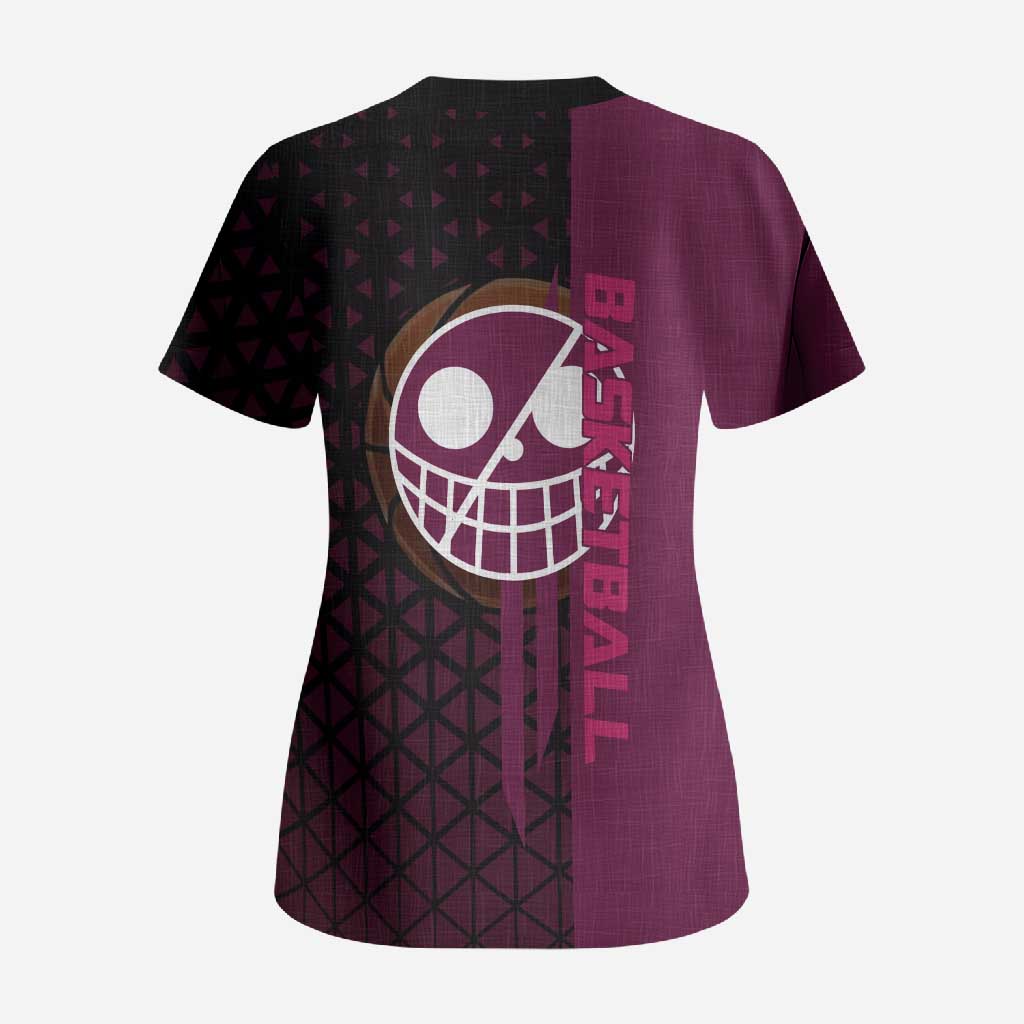 Donquixote Doflamingo One Piece Basketball Theme Maroon and Black Design Scrub Top with Smiling Emblem and Aggressive Pose - The Mazicc