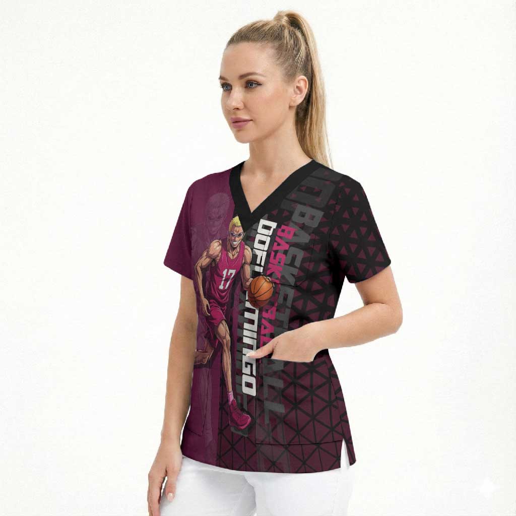 Donquixote Doflamingo One Piece Basketball Theme Maroon and Black Design Scrub Top with Smiling Emblem and Aggressive Pose - The Mazicc