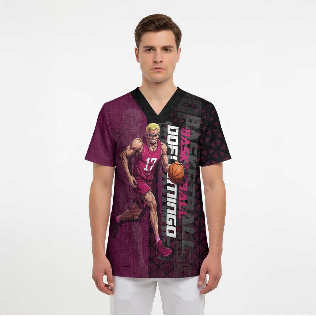 Donquixote Doflamingo One Piece Basketball Theme Maroon and Black Design Scrub Top with Smiling Emblem and Aggressive Pose - The Mazicc
