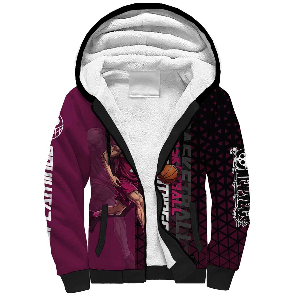Donquixote Doflamingo One Piece Basketball Theme Maroon and Black Design Sherpa Hoodie with Smiling Emblem and Aggressive Pose - The Mazicc