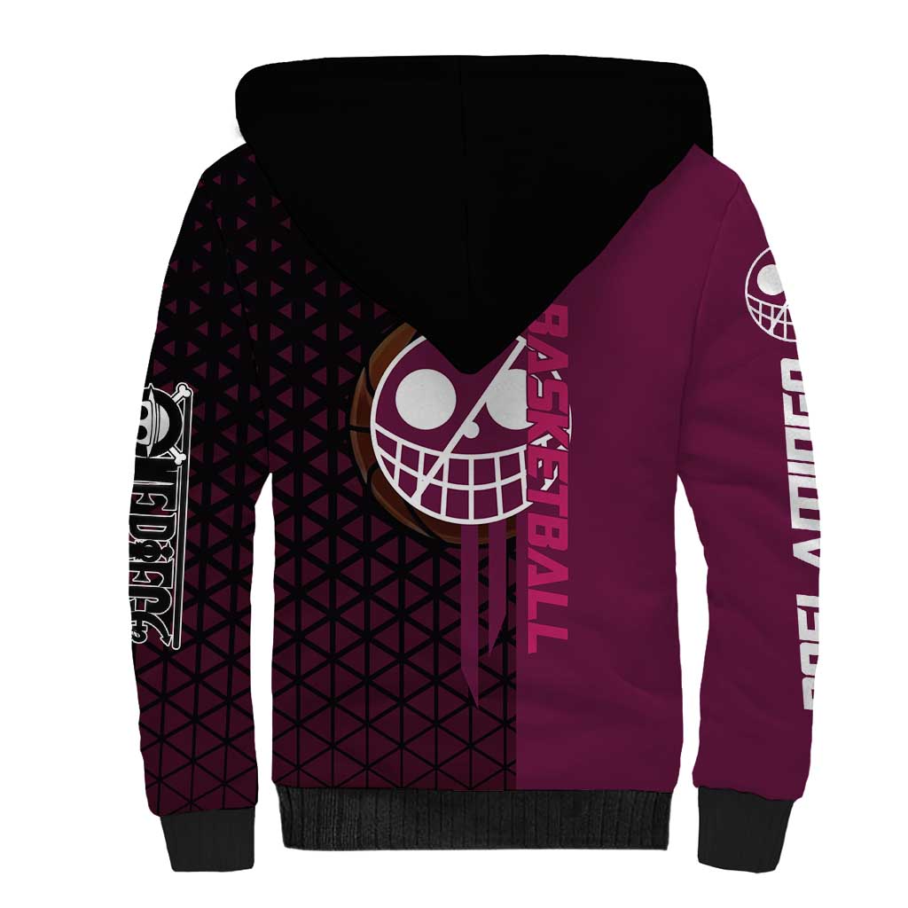 Donquixote Doflamingo One Piece Basketball Theme Maroon and Black Design Sherpa Hoodie with Smiling Emblem and Aggressive Pose - The Mazicc