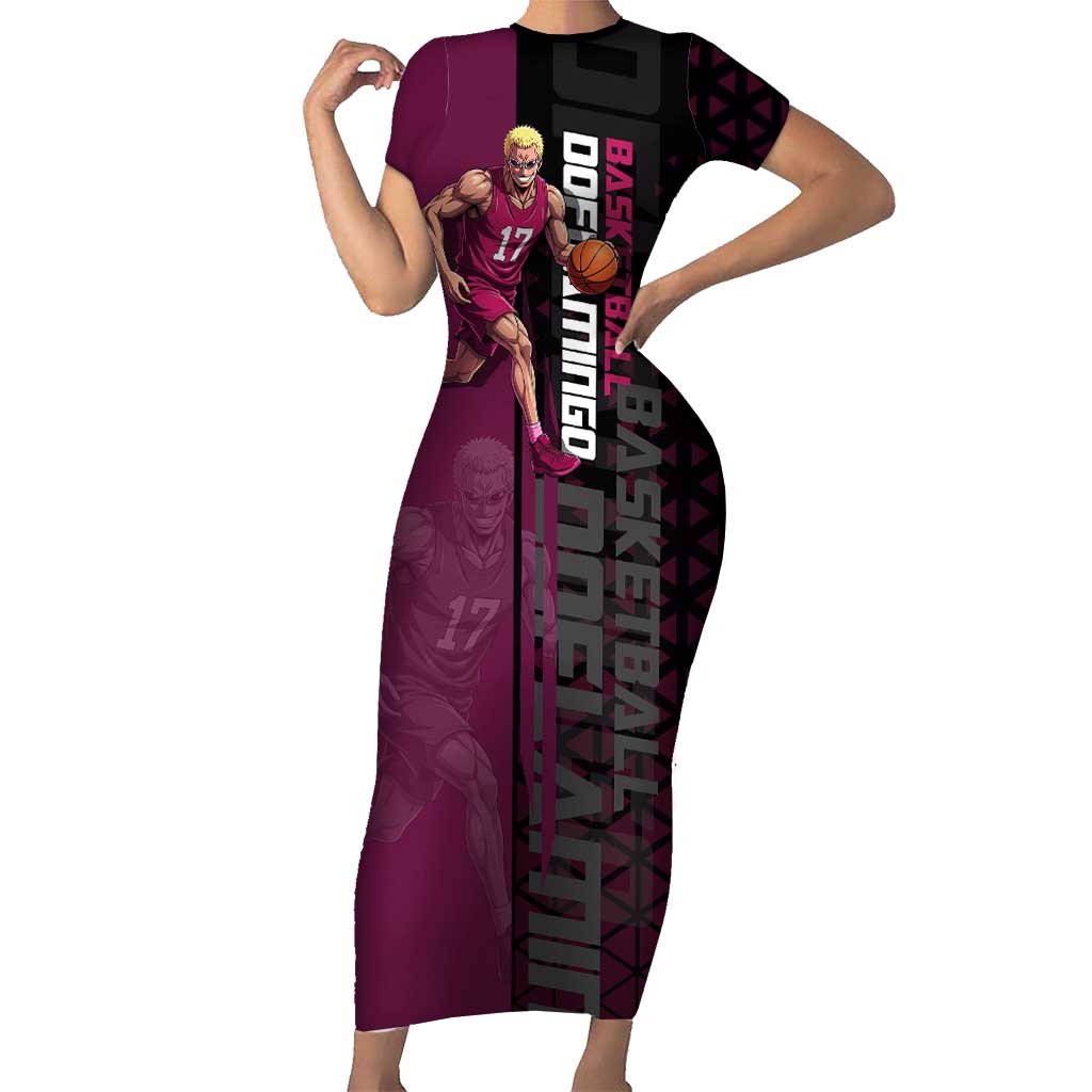 Donquixote Doflamingo One Piece Basketball Theme Maroon and Black Design Short Sleeve Bodycon Dress with Smiling Emblem and Aggressive Pose - The Mazicc