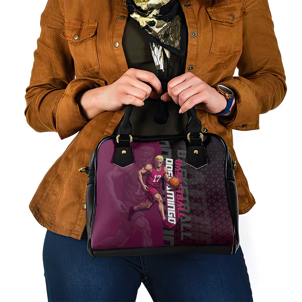 Donquixote Doflamingo One Piece Basketball Theme Maroon and Black Design Shoulder Handbag with Smiling Emblem and Aggressive Pose - The Mazicc