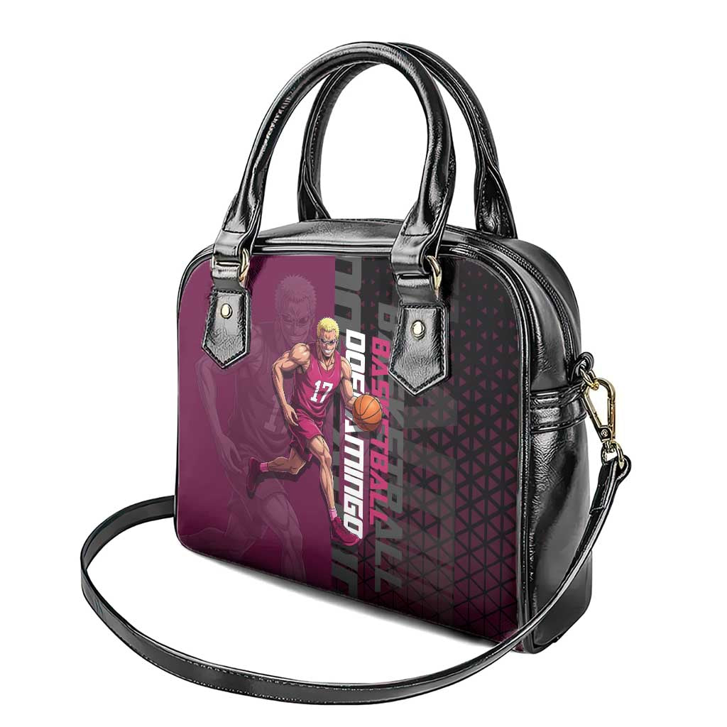 Donquixote Doflamingo One Piece Basketball Theme Maroon and Black Design Shoulder Handbag with Smiling Emblem and Aggressive Pose - The Mazicc