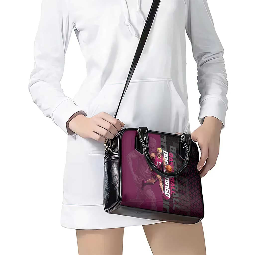 Donquixote Doflamingo One Piece Basketball Theme Maroon and Black Design Shoulder Handbag with Smiling Emblem and Aggressive Pose - The Mazicc