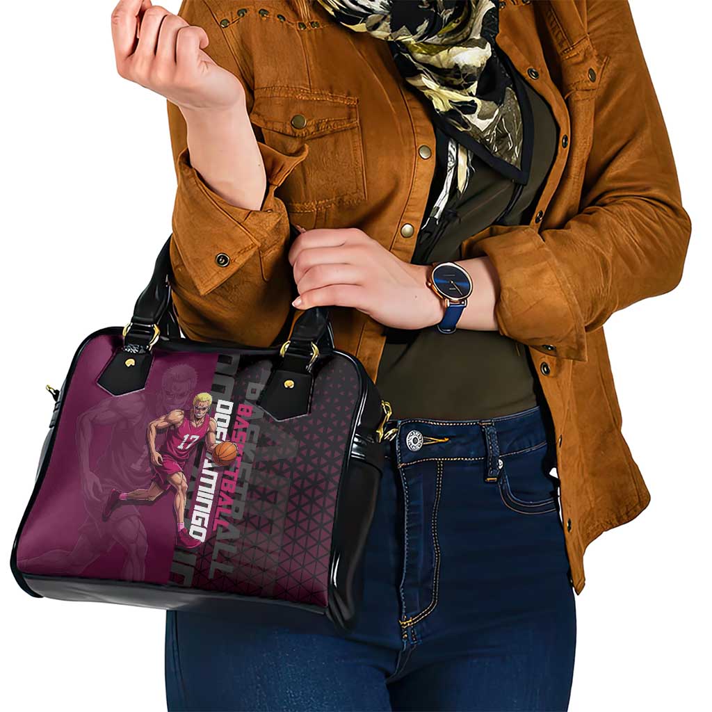 Donquixote Doflamingo One Piece Basketball Theme Maroon and Black Design Shoulder Handbag with Smiling Emblem and Aggressive Pose - The Mazicc