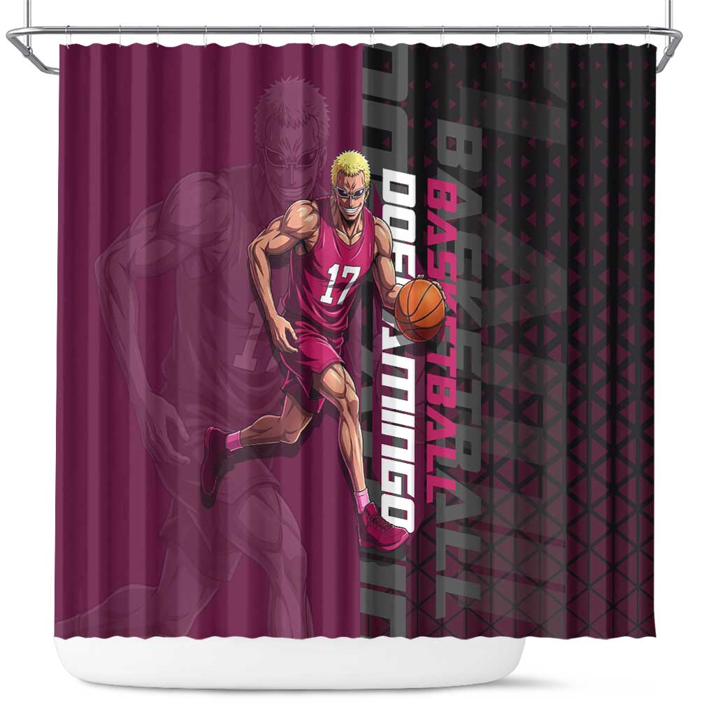 Donquixote Doflamingo One Piece Basketball Theme Maroon and Black Design Shower Curtain with Smiling Emblem and Aggressive Pose - The Mazicc